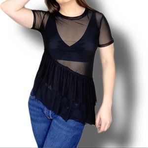 BP Nordstrom Black Sheer Asymmetrical Ruffle Hem Shirt Size XS NEW With Tag Mesh